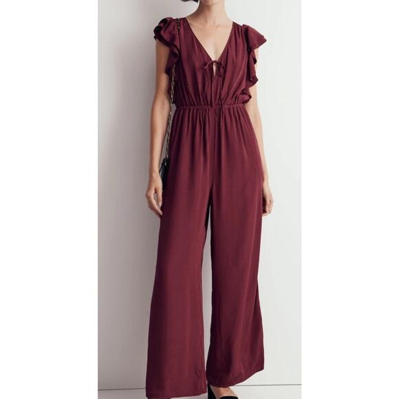New Size XXL 2X Madewell Jacquard V-Neck Ruffled Jumpsuit Red Cabernet Maroon - Picture 1 of 5